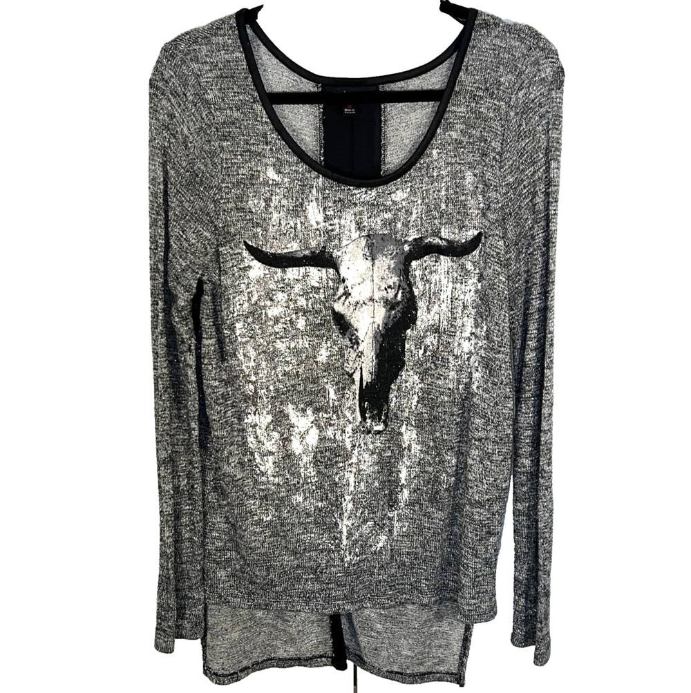 Rock & Republic Sweater Women's M Oversized Abstract Art and Longhorn Skull